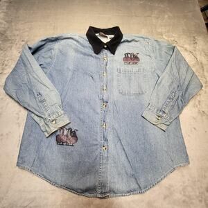 Peachy Plus Denim Shirt Womens 2X Blue Black Collar Goose Print Long Sleeve 90s